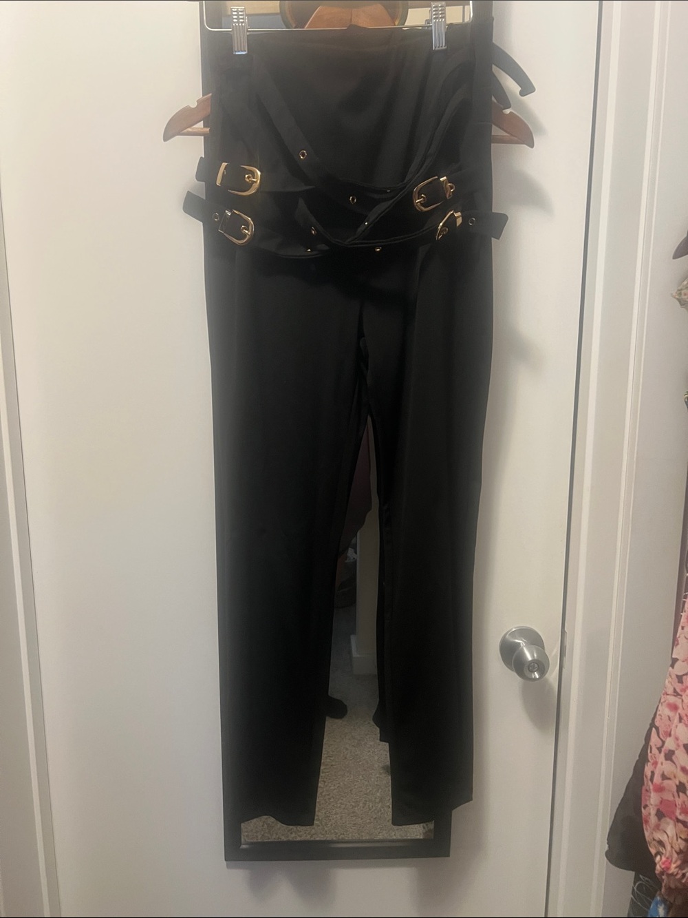 High-Rise Black Buckle Detail Women's Pants